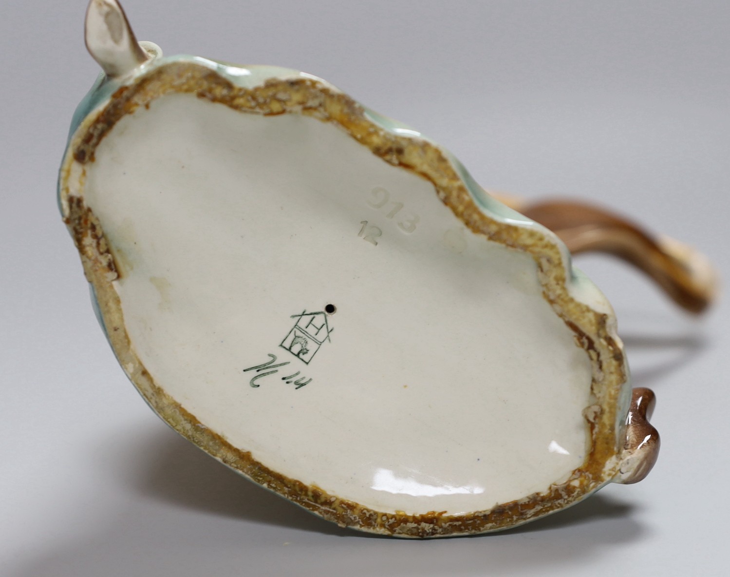 A Gien faience dish, Wedgwood jasper fruit bowl, an Art Deco Katzhutte figure and a pair of basketweave dishes, tallest 23cm
